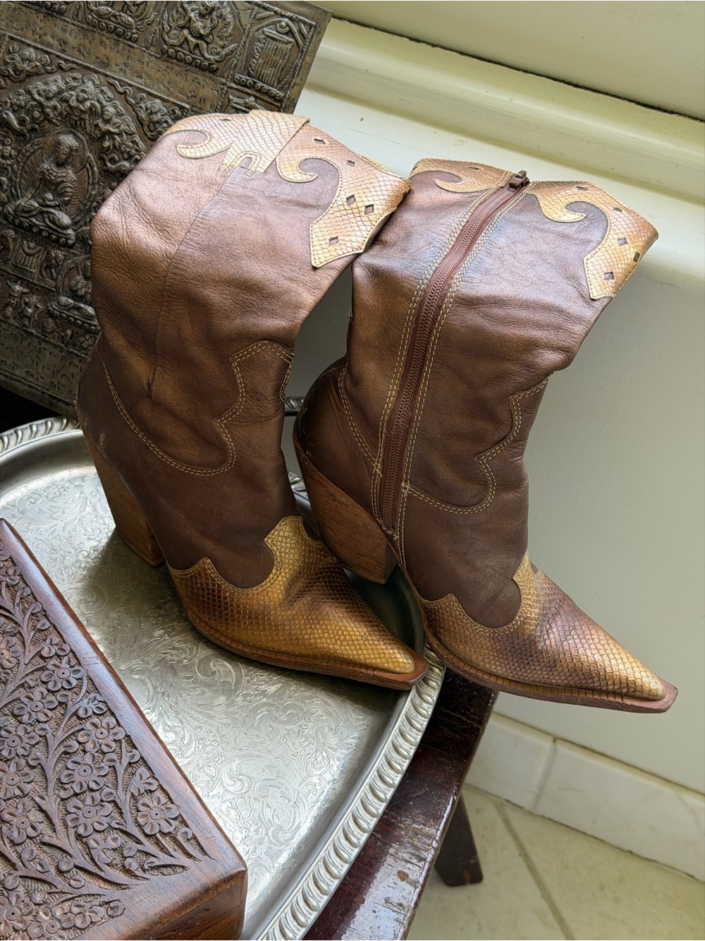 Brown Western Leather Mid-Calf Boots with Gold Accents